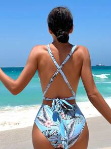 Badeanzug mit Tropenmuster, Ring Bindung, Kreuzgurt Rücken, - Verschiedenfarbig - Übersicht 8