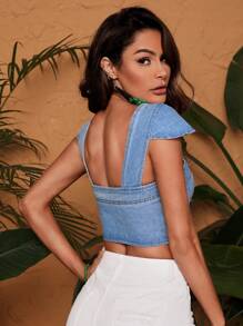 SHEIN Privé Top mezclilla crop con botón delantero - Azul lavado medio - Ver 2