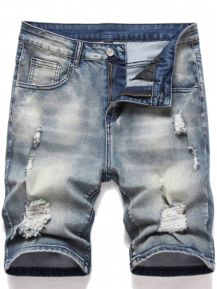 Manfinity LEGND Hombres Shorts en mezclilla algodón desgarro crudo con lavado - Azul lavado oscuro - Ver 1