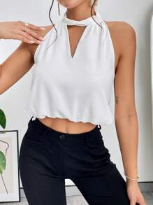 SHEIN Privé Áo sơ mi nữ Cắt ra màu trơn Thanh lịch - trắng - Xem 4