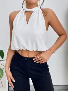 SHEIN Privé Áo sơ mi nữ Cắt ra màu trơn Thanh lịch - trắng - Xem 5