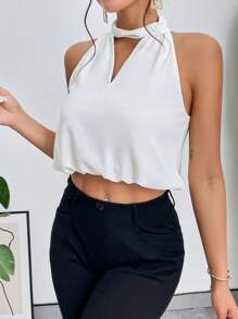 SHEIN Privé Áo sơ mi nữ Cắt ra màu trơn Thanh lịch - trắng - Xem 1