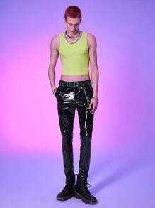 Manfinity Fever City 男士棉素色羅紋針織短款背心 - 青檸色 - 查看 3