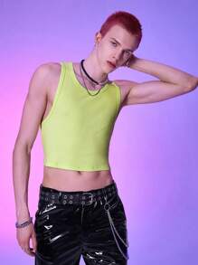 Manfinity Fever City 男士棉素色羅紋針織短款背心 - 青檸色 - 查看 4