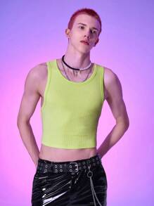 Manfinity Fever City 男士棉素色羅紋針織短款背心 - 青檸色 - 查看 5