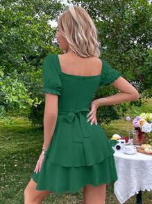 SHEIN Frenchy 雞心領口泡泡袖胸部褶皺洋裝