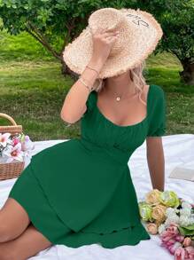 SHEIN Frenchy 雞心領口泡泡袖胸部褶皺洋裝