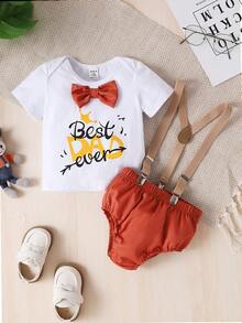 SHEIN 男嬰字母圖案前蝴蝶結T恤和背帶短褲 - 彩色 - 查看 3