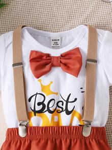 SHEIN 男嬰字母圖案前蝴蝶結T恤和背帶短褲 - 彩色 - 查看 4