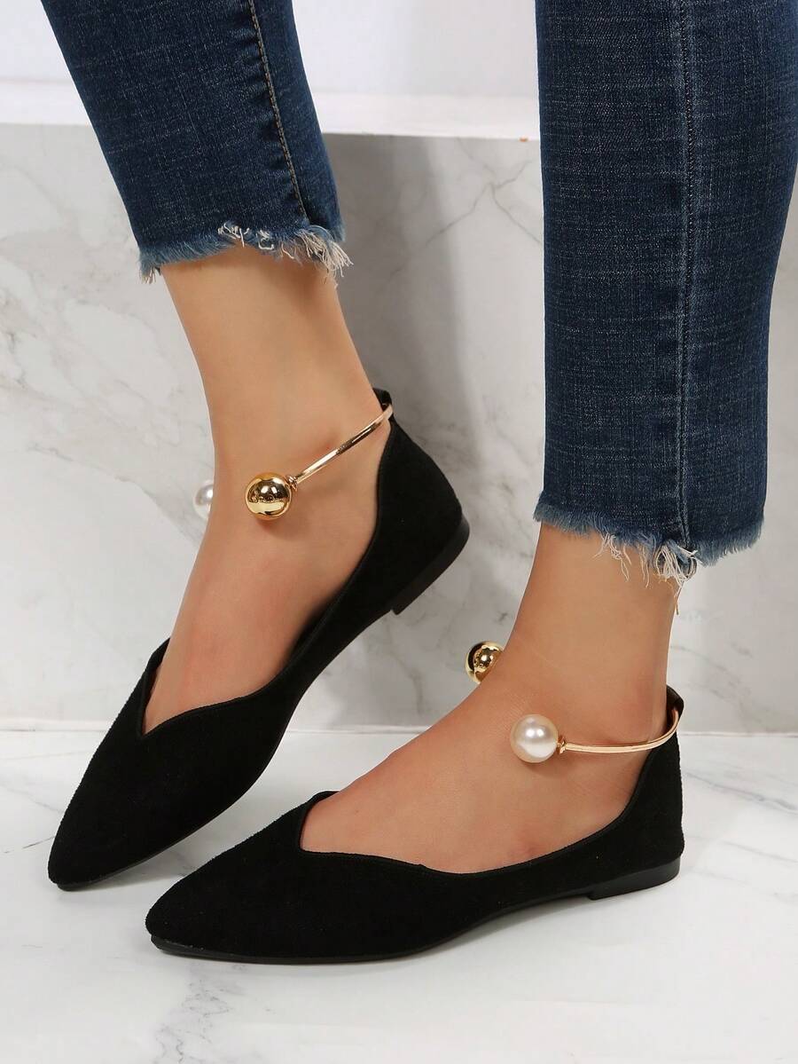 女性人造珍珠裝飾尖頭平底鞋,優雅黑色仿麂皮踝帶平底鞋 - 黑色 - 查看 1