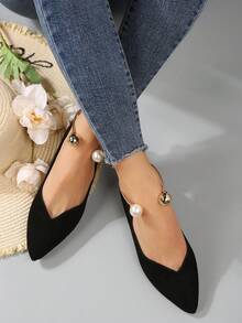 女性人造珍珠裝飾尖頭平底鞋,優雅黑色仿麂皮踝帶平底鞋 - 黑色 - 查看 3