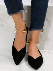 女性人造珍珠裝飾尖頭平底鞋,優雅黑色仿麂皮踝帶平底鞋 - 黑色 - 查看 4