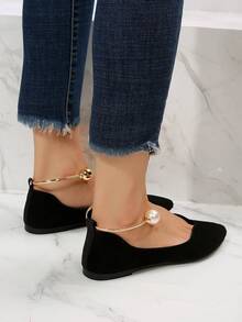 女性人造珍珠裝飾尖頭平底鞋,優雅黑色仿麂皮踝帶平底鞋 - 黑色 - 查看 5