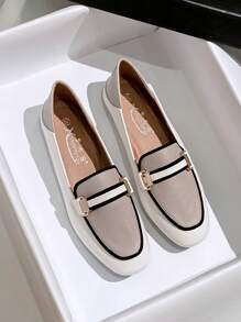 Mengshangli Women Contrast Binding Metal Decor Square Toe Flats, Fashion Outdoor Loafer Flats