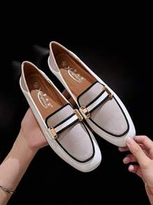 Mengshangli Women Contrast Binding Metal Decor Square Toe Flats, Fashion Outdoor Loafer Flats