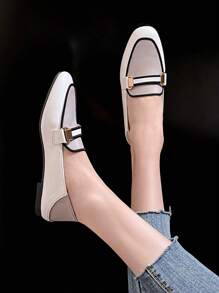 Mengshangli Women Contrast Binding Metal Decor Square Toe Flats, Fashion Outdoor Loafer Flats