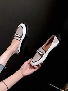 Mengshangli Women Contrast Binding Metal Decor Square Toe Flats, Fashion Outdoor Loafer Flats
