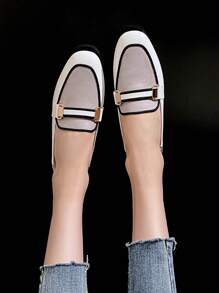 Mengshangli Women Contrast Binding Metal Decor Square Toe Flats, Fashion Outdoor Loafer Flats