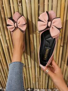女士蝴蝶結裝飾尖頭時尚粉色仿麂皮芭蕾舞鞋 - 粉色 - 查看 1