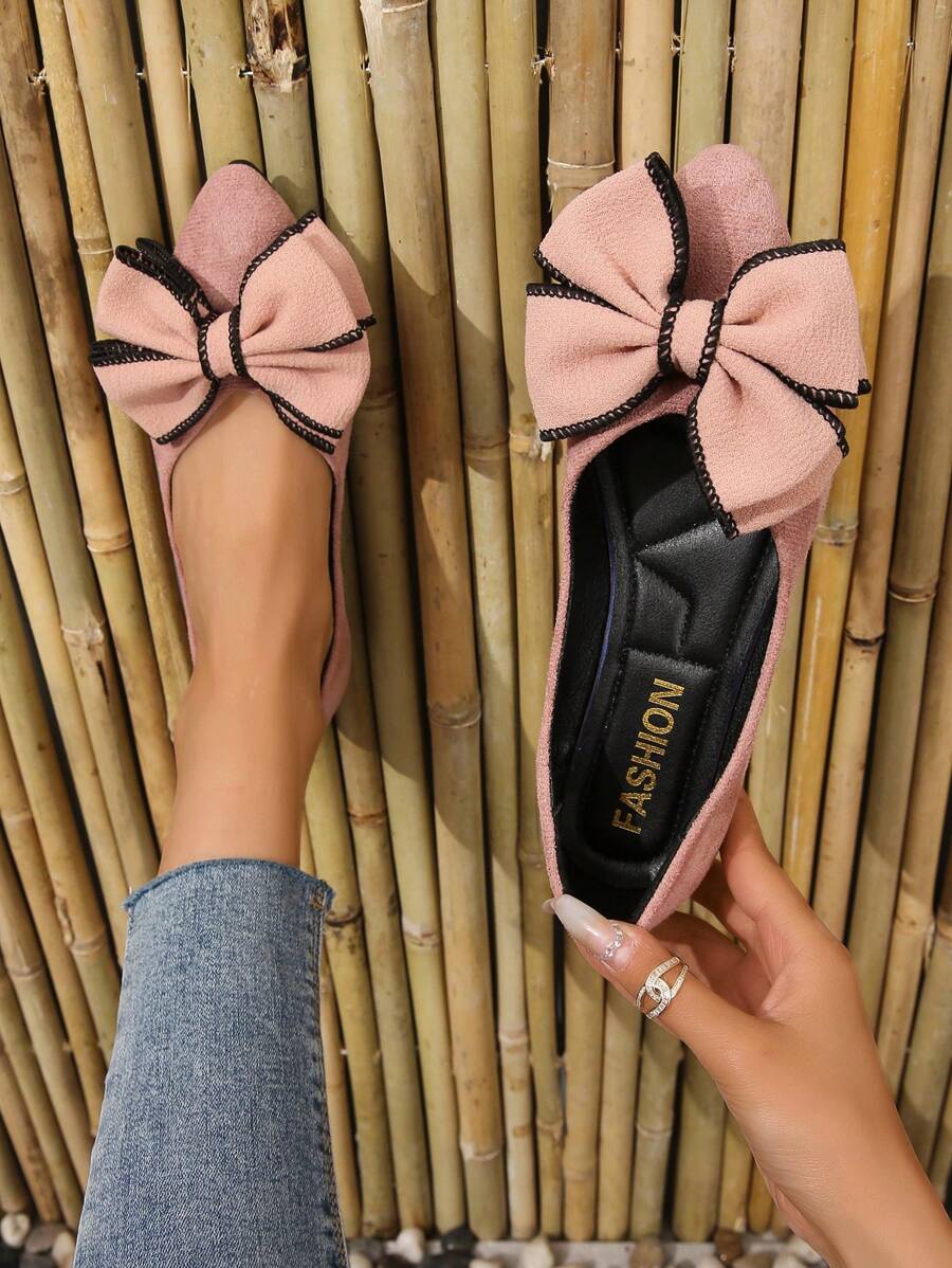 女士蝴蝶結裝飾尖頭時尚粉色仿麂皮芭蕾舞鞋 - 粉色 - 查看 1