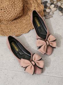 女士蝴蝶結裝飾尖頭時尚粉色仿麂皮芭蕾舞鞋 - 粉色 - 查看 2