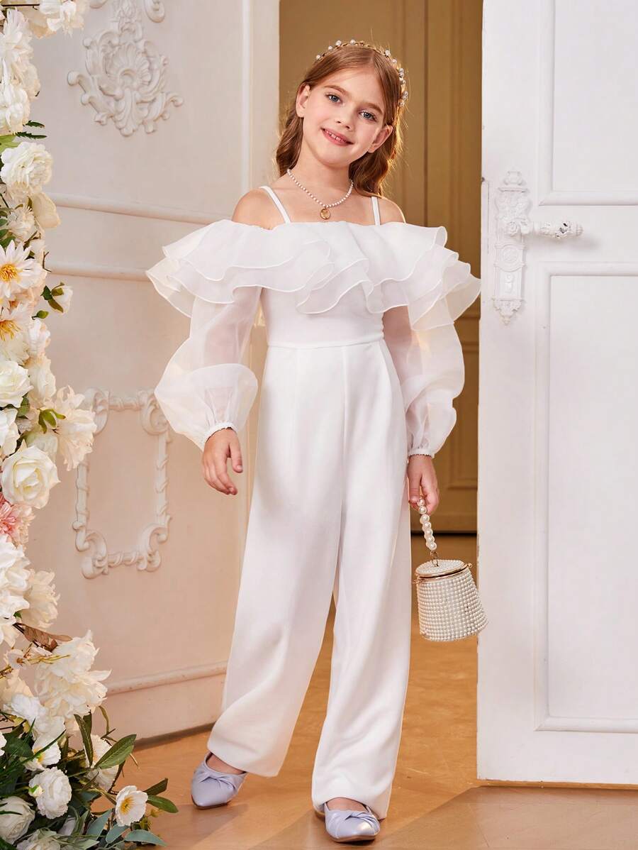 SHEIN Bộ áo liền quần dệt ống rộng màu trắng phối lưới sang trọng thanh lịch cho nữ - trắng - Xem 1