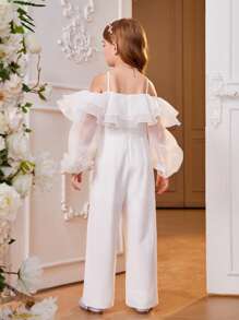 SHEIN Bộ áo liền quần dệt ống rộng màu trắng phối lưới sang trọng thanh lịch cho nữ - trắng - Xem 2