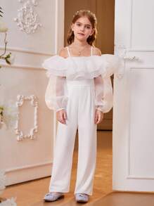 SHEIN Bộ áo liền quần dệt ống rộng màu trắng phối lưới sang trọng thanh lịch cho nữ - trắng - Xem 3