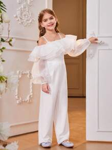 SHEIN Bộ áo liền quần dệt ống rộng màu trắng phối lưới sang trọng thanh lịch cho nữ - trắng - Xem 4