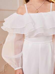 SHEIN Bộ áo liền quần dệt ống rộng màu trắng phối lưới sang trọng thanh lịch cho nữ - trắng - Xem 6