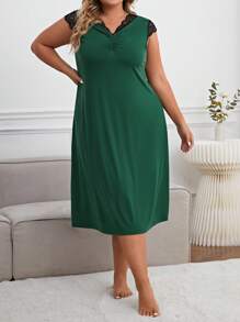 Vestido de dormir con encaje en contraste pecho con fruncido - Verde Oscuro - Ver 1