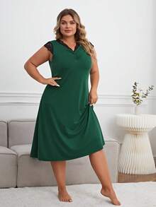 Vestido de dormir con encaje en contraste pecho con fruncido - Verde Oscuro - Ver 3