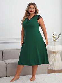 Vestido de dormir con encaje en contraste pecho con fruncido - Verde Oscuro - Ver 4