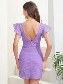 Double Crazy 深V領荷葉邊蝴蝶袖連衣裙 - 紫色 - 查看 2