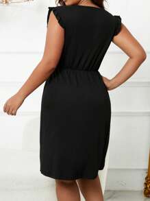 Vestido de dormir con encaje en contraste ribete con fruncido bajo cruzado - Negro - Ver 2