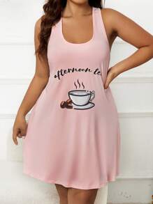 大碼咖啡和字母圖案蕾絲拼接後睡裙 - 珊瑚粉 - 查看 3