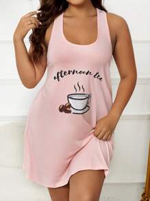 大碼咖啡和字母圖案蕾絲拼接後睡裙 - 珊瑚粉 - 查看 4