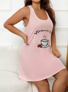 大碼咖啡和字母圖案蕾絲拼接後睡裙 - 珊瑚粉 - 查看 5