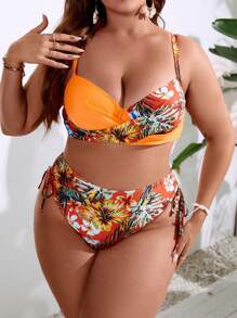 Slaydiva Summer Beach Plus Size Tropical Print Push Up Bikini Set - Orange - View 4