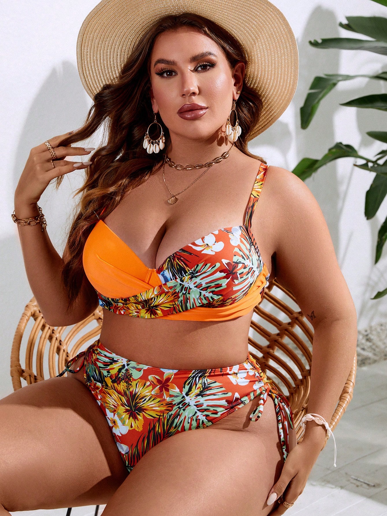 Slaydiva Conjunto de Maiô Bikini Tropical Estampado com Tamanho Plus Size e Sutiã Push Up para Praia de Verão - Laranja - Visão 5