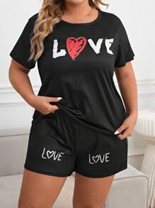 Plus Heart & Letter Graphic PJ Set - Black - View 1