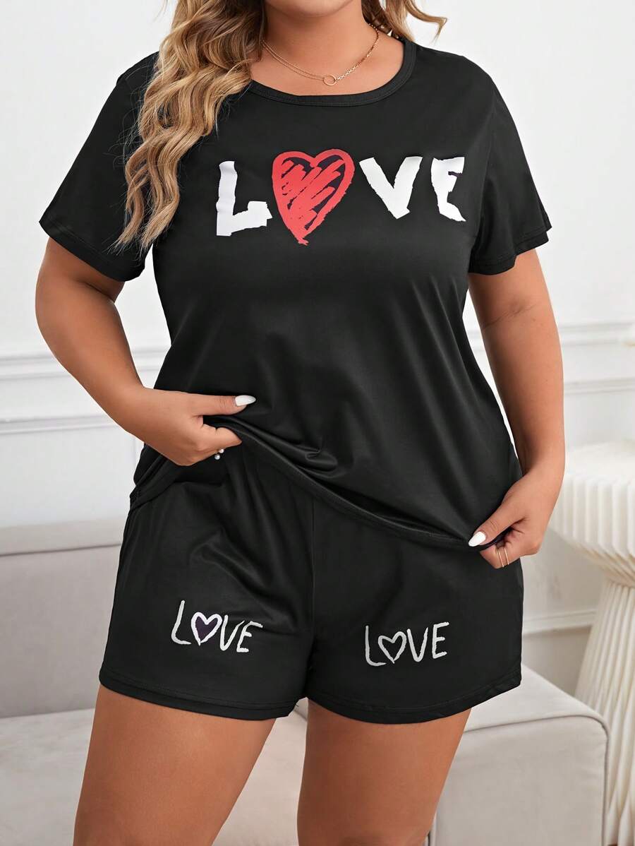 Plus Heart & Letter Graphic PJ Set - Black - View 1