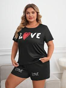 Plus Heart & Letter Graphic PJ Set - Black - View 3
