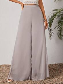 SHEIN Tall 素色闊腿褲 - 淺灰色 - 查看 1