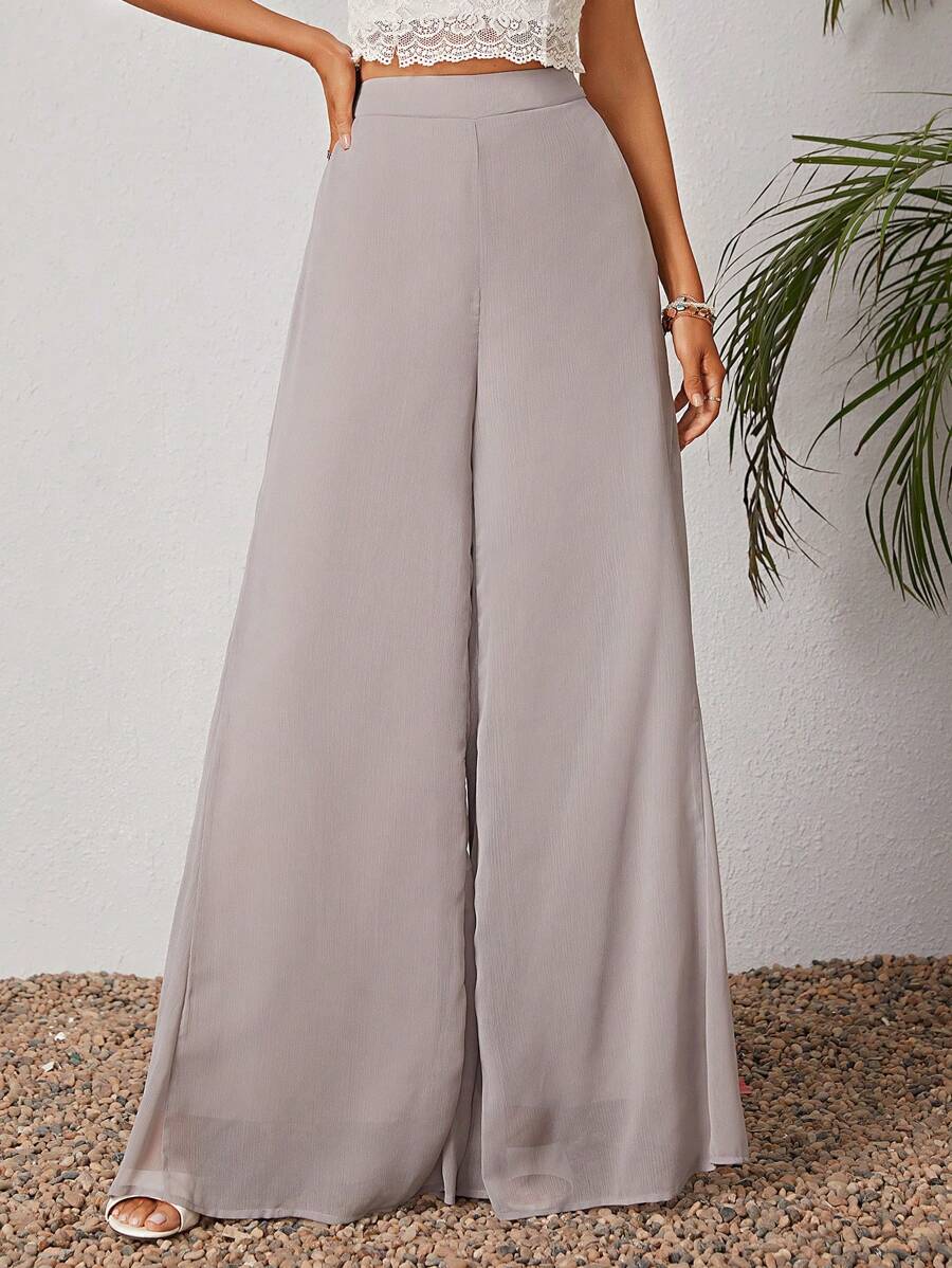 SHEIN Tall 素色闊腿褲 - 淺灰色 - 查看 1