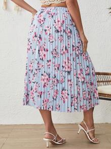 SHEIN 大碼印花百褶半身裙 - 淺藍色 - 查看 2