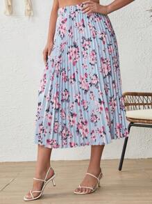 SHEIN 大碼印花百褶半身裙 - 淺藍色 - 查看 4