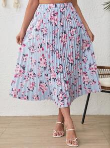 SHEIN 大碼印花百褶半身裙 - 淺藍色 - 查看 5