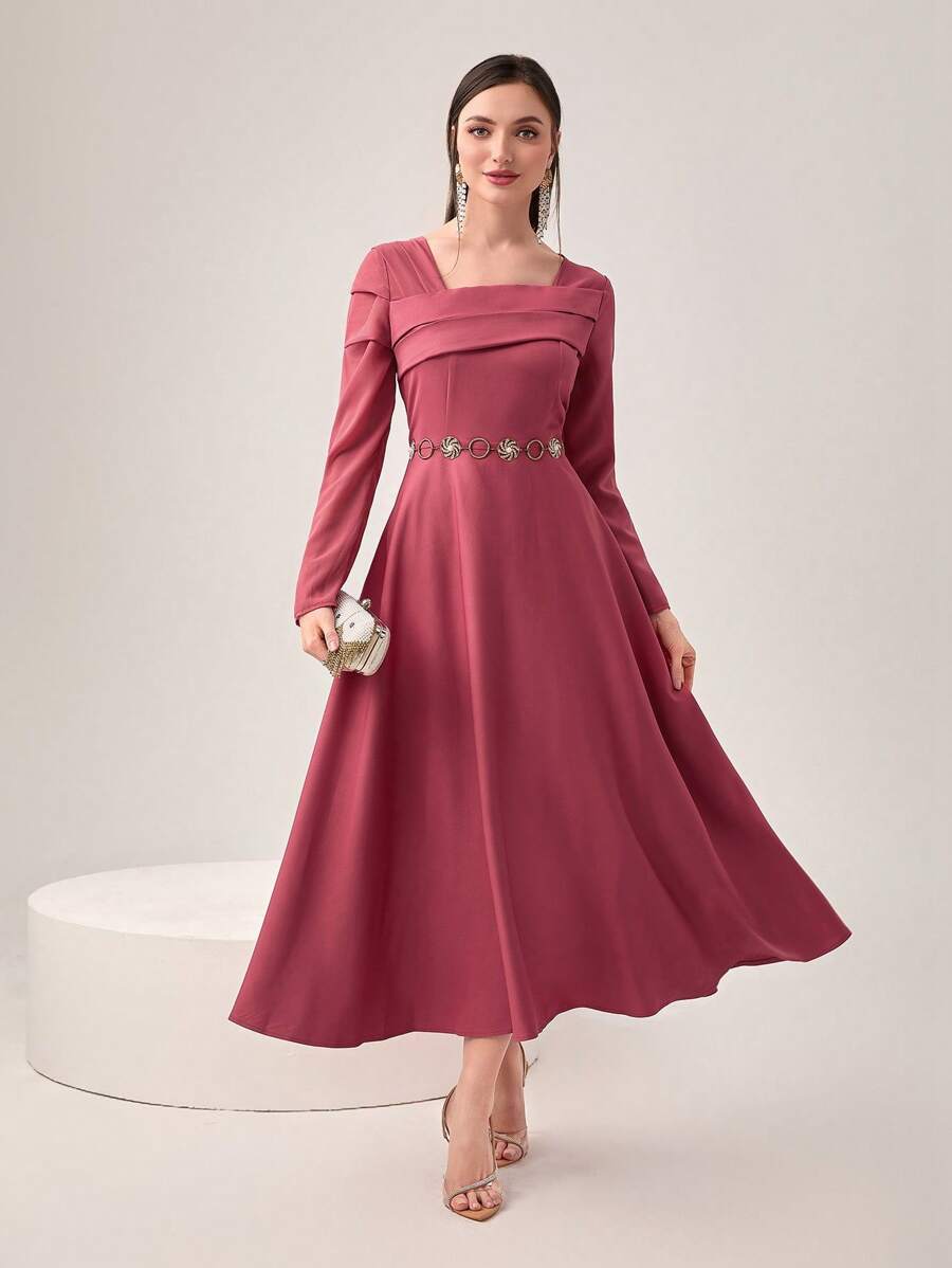 Modelyn Asymmetrical Neck Fold Pleated Detail Dress Without Belt - Watermelon Pink - View 1