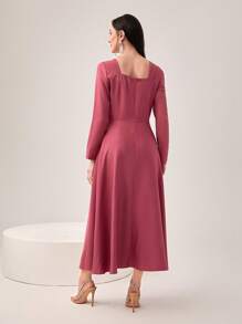 Modelyn Asymmetrical Neck Fold Pleated Detail Dress Without Belt - Watermelon Pink - View 2